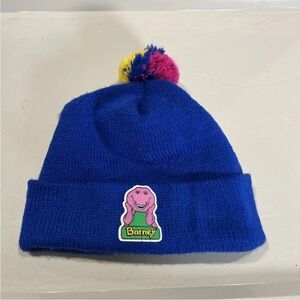 Vintage 1993 Barney the Dinosaur Blue Knit Winter Beanie Pom Toboggan Cuffed Hat